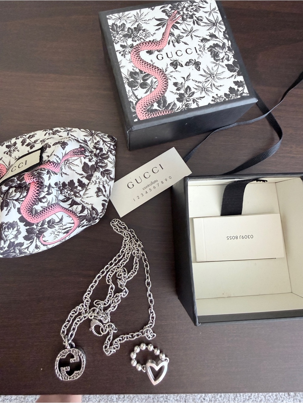 Gucci Silver Heart with ring size 6 Charm Necklace with Pink-Accented Packaging